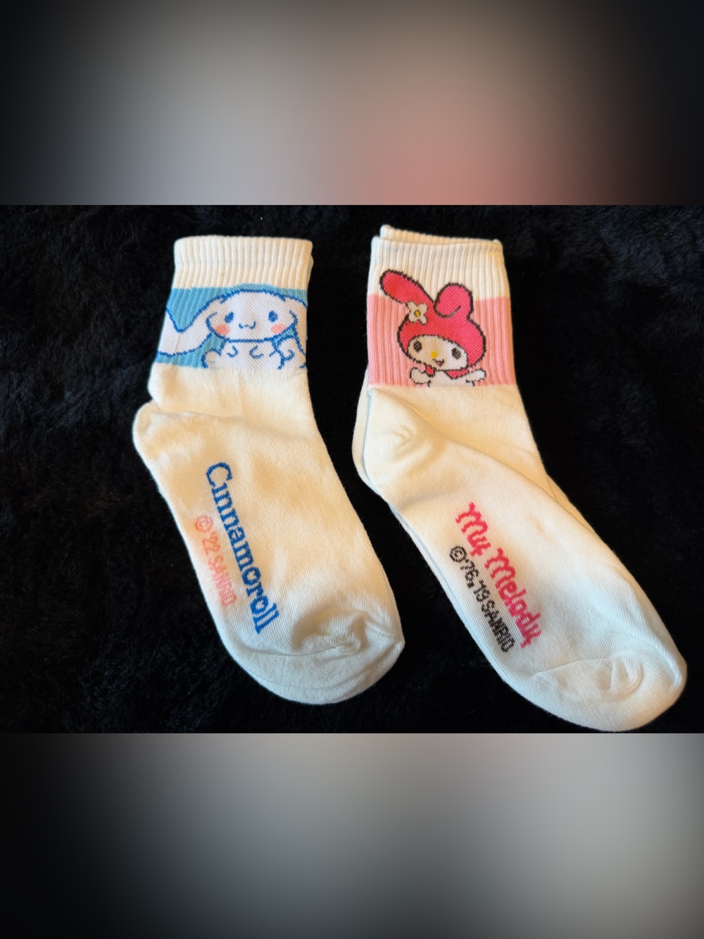 Sanrio White Ankle Socks with Blue Cinnamoroll and Pink My Melody